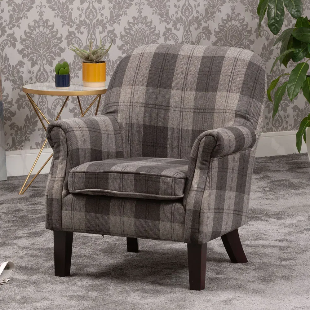 Candia Armchair with Removable Cushion - Grey, Chequered Fabric