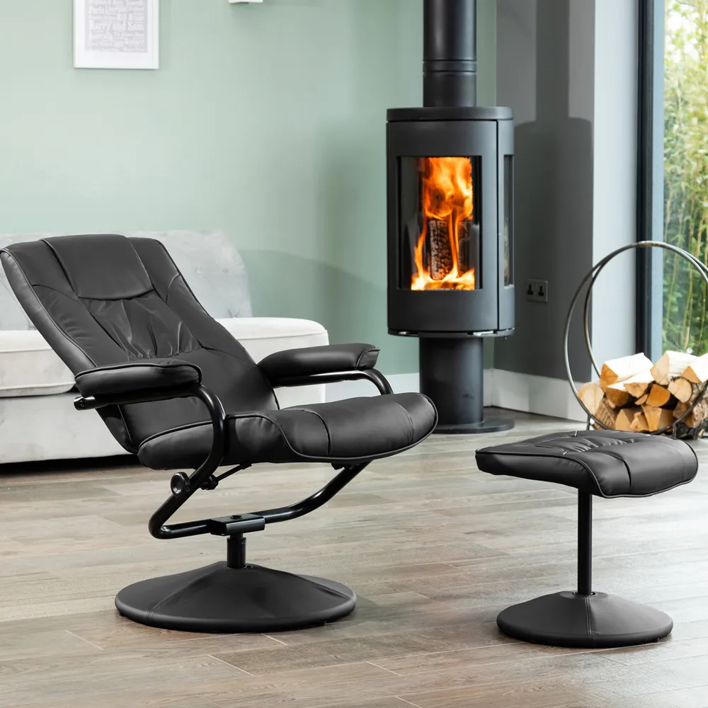 Gibson Swivel Recliner Chair with Footstool - Black, Leather