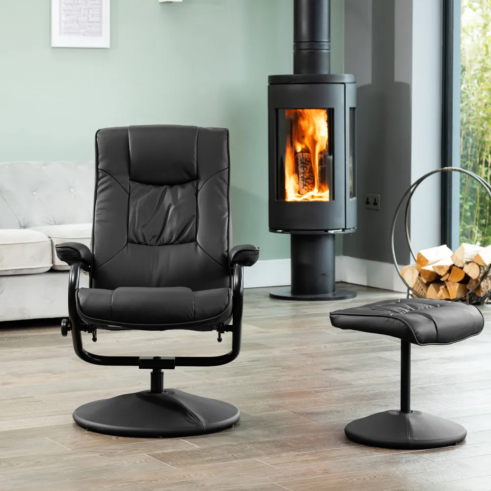 Gibson Swivel Recliner Chair with Footstool - Black, Leather