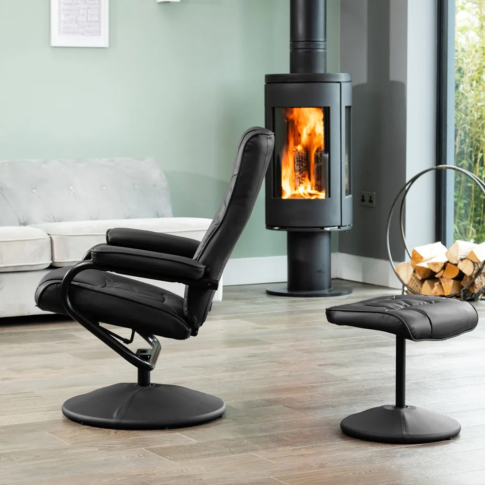 Gibson Swivel Recliner Chair with Footstool - Black, Leather