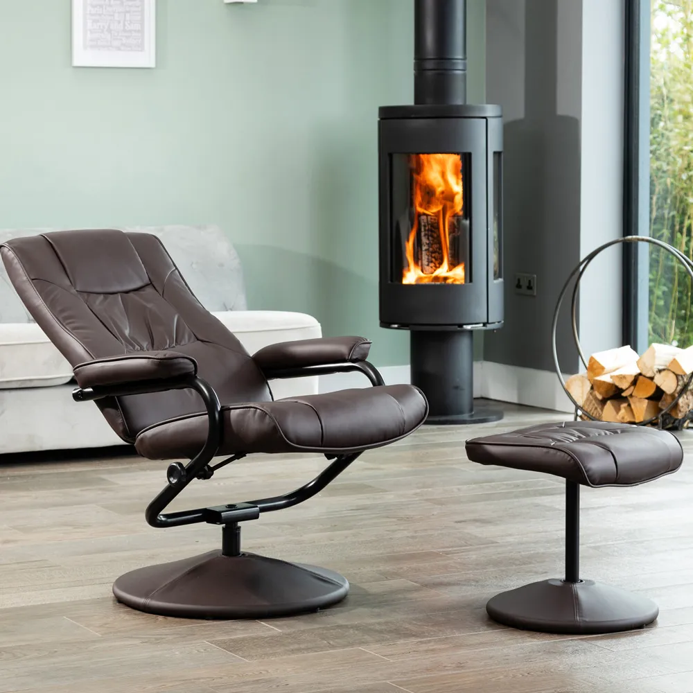 Gibson Swivel Recliner Chair with Footstool - Brown, Leather