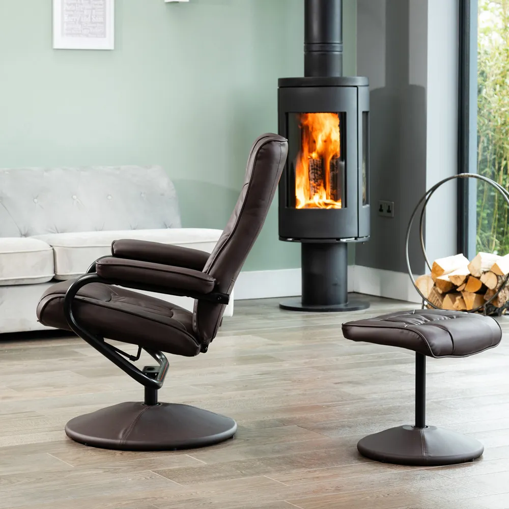 Gibson Swivel Recliner Chair with Footstool - Brown, Leather