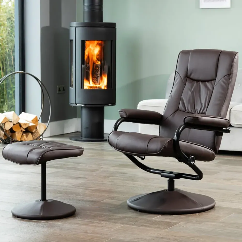 Gibson Swivel Recliner Chair with Footstool - Brown, Leather