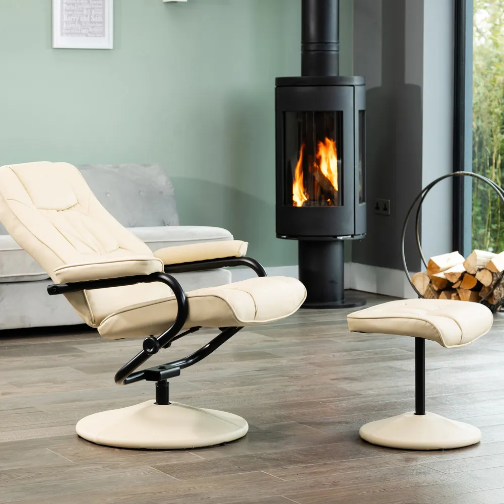 Gibson Swivel Recliner Chair with Footstool - Cream, Leather