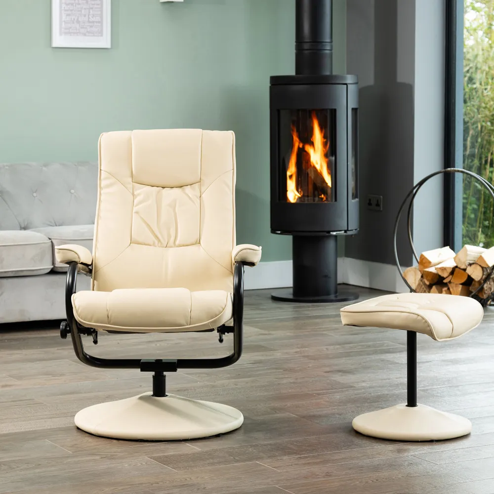 Gibson Swivel Recliner Chair with Footstool - Cream, Leather