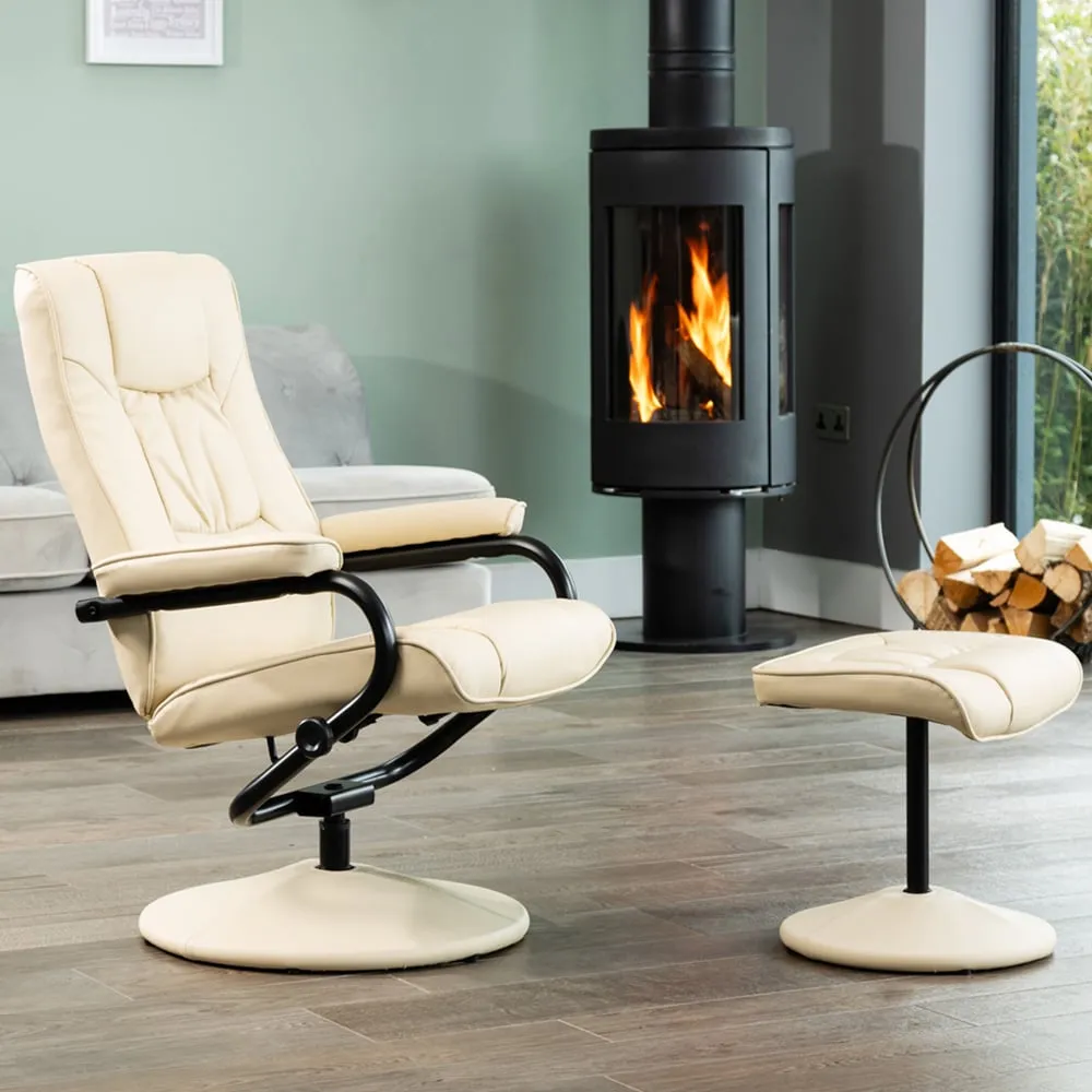 Gibson Swivel Recliner Chair with Footstool - Cream, Leather