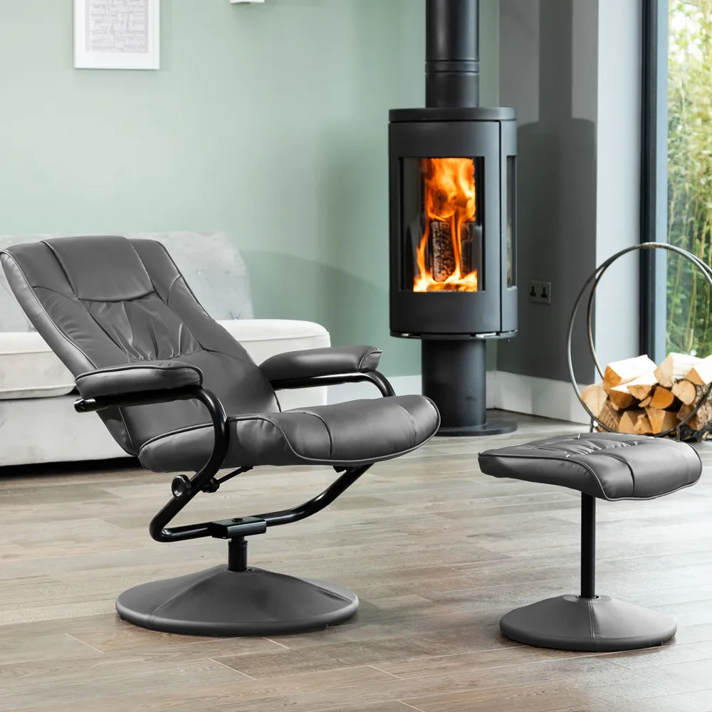 Gibson Swivel Recliner Chair with Footstool - Grey, Leather