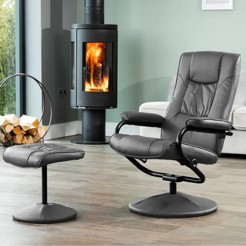 Gibson Swivel Recliner Chair with Footstool - Grey, Leather
