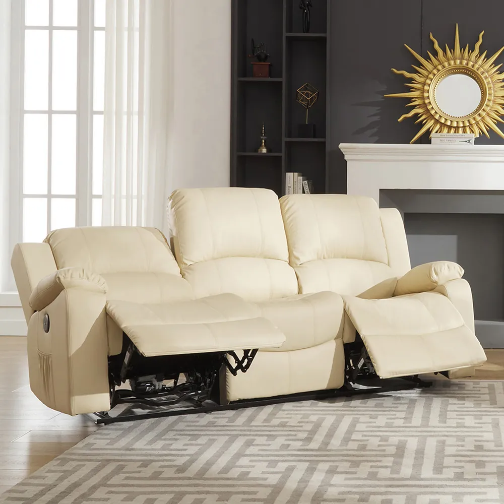 Glendale 3-Seater Electric Recliner Sofa - Cream, Bonded Leather