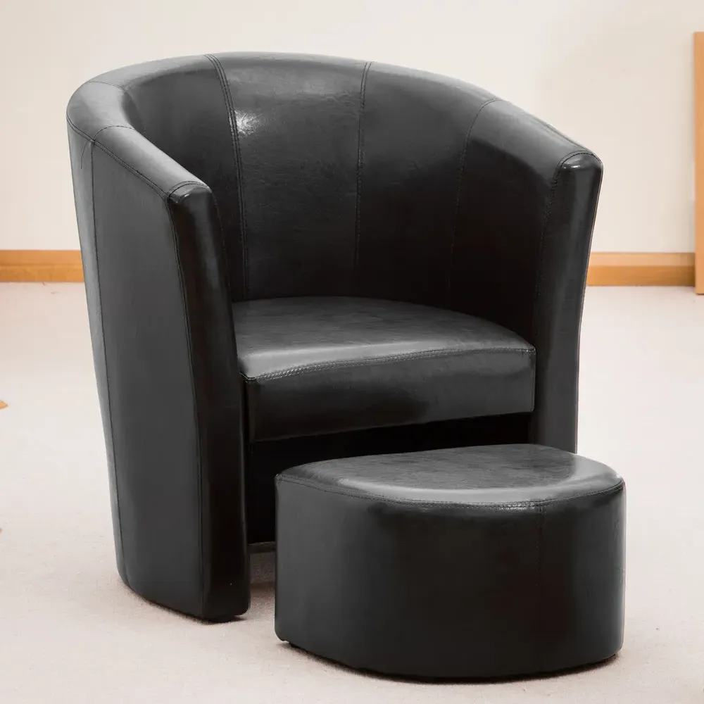 Halewood Tub Chair with Foot Stool - Black, Faux Leather