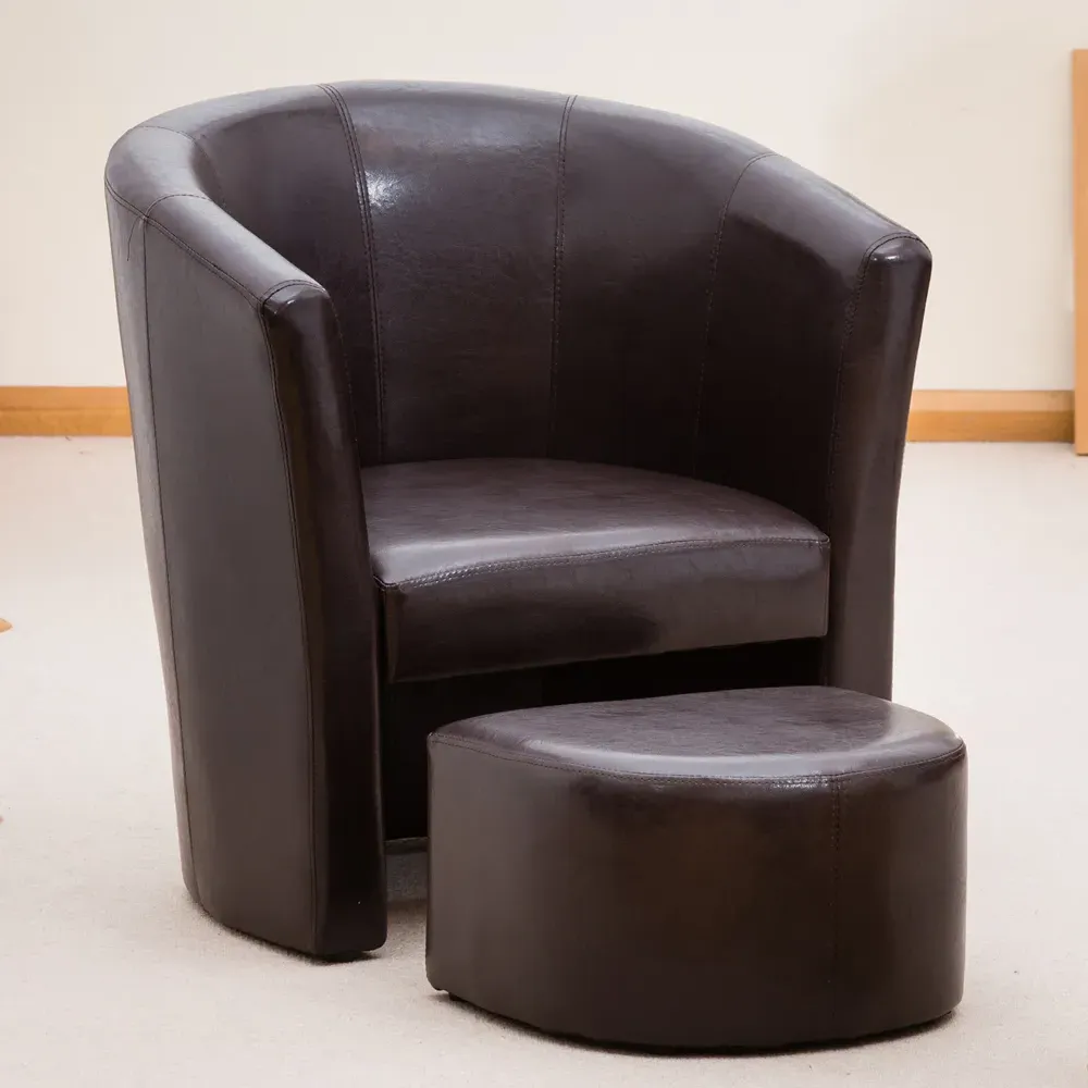 Halewood Tub Chair with Foot Stool - Brown, Faux Leather