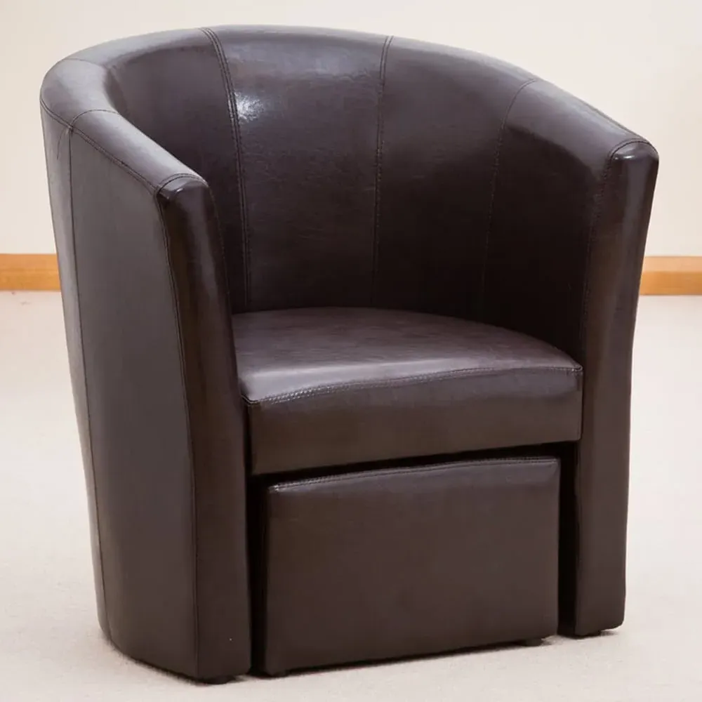 Halewood Tub Chair with Foot Stool - Brown, Faux Leather