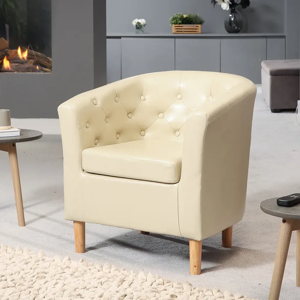 Lodi Tub Chair with Button-Back - Cream, Faux Leather