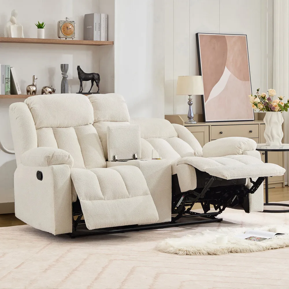 Lovell 2-Seater Recliner Sofa with Centre Console - Cream, Boucle