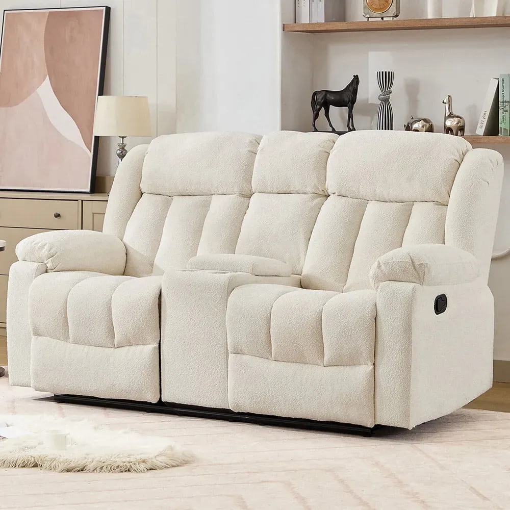 Lovell 2-Seater Recliner Sofa with Centre Console - Cream, Boucle