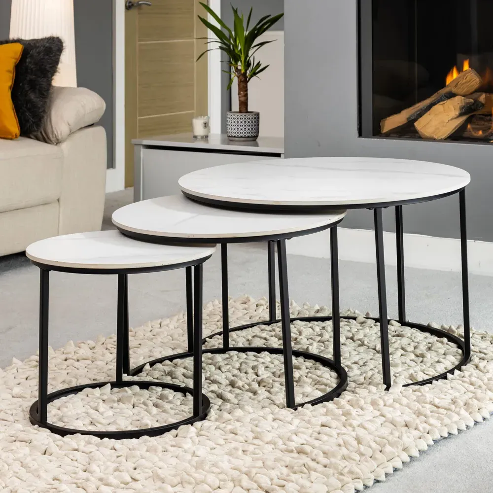 Orbis Round Nest of Tables Set of 3 - White, Marble Effect