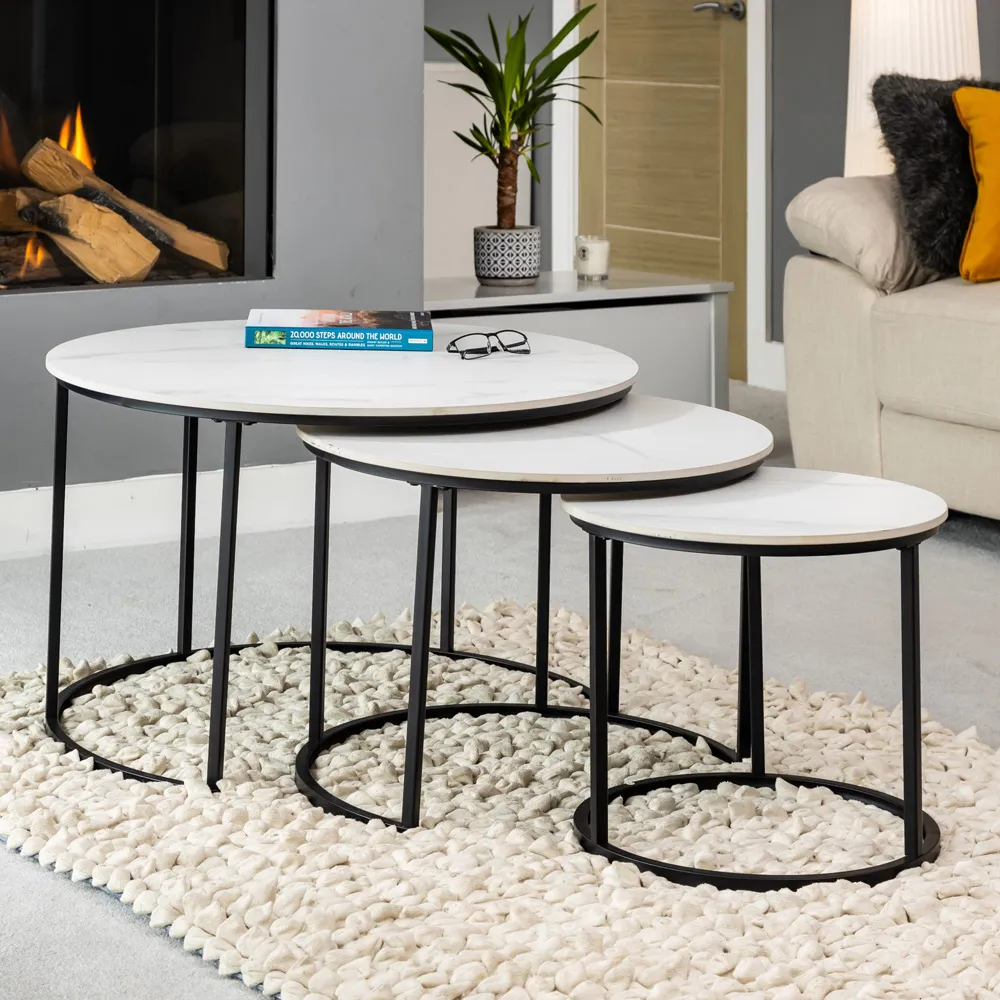 Orbis Round Nest of Tables Set of 3 - White, Marble Effect