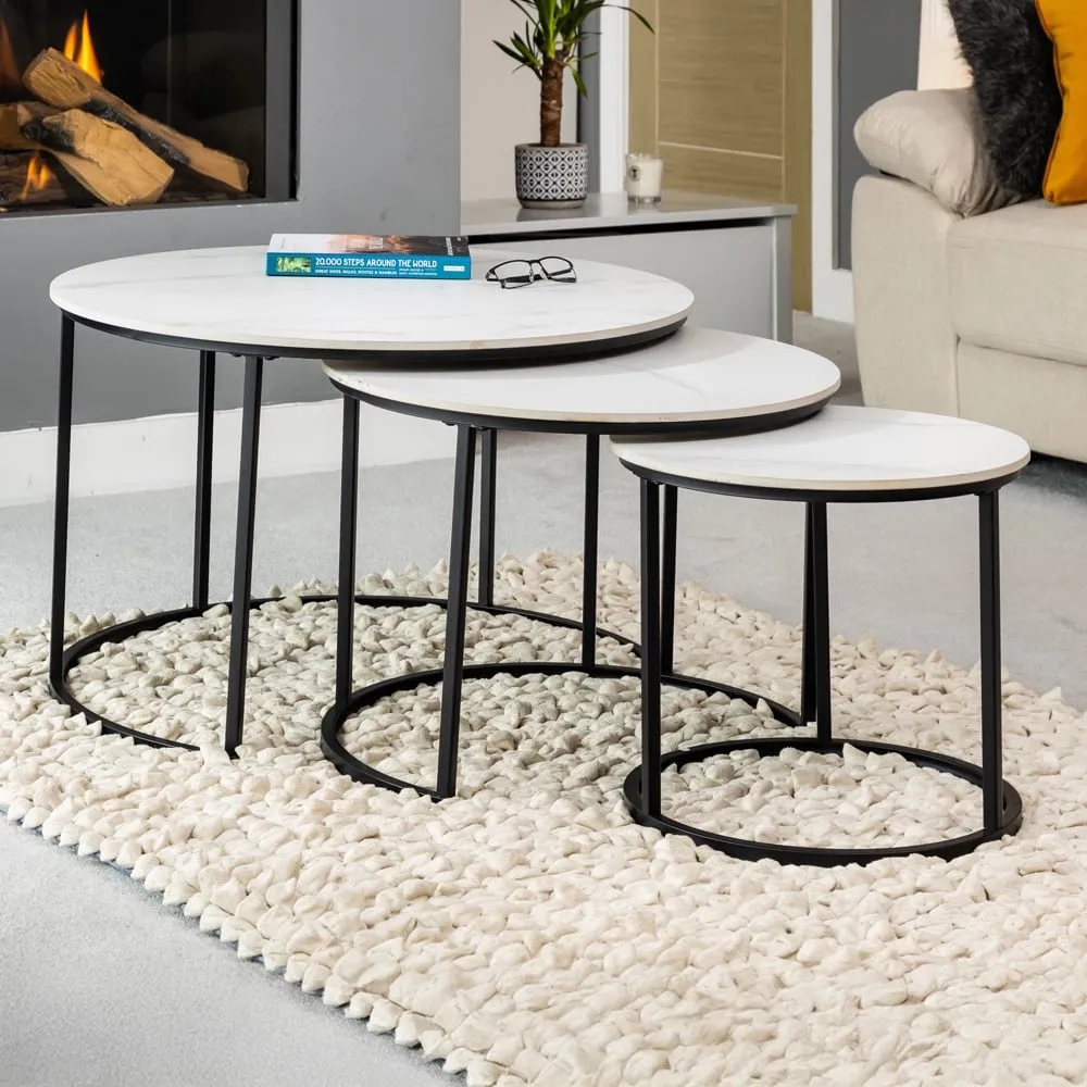 Orbis Round Nest of Tables Set of 3 - White, Marble Effect image