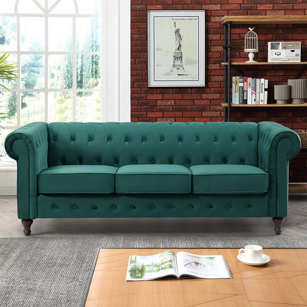 Pelham 3-Seater Chesterfield Sofa - Green, Velvet