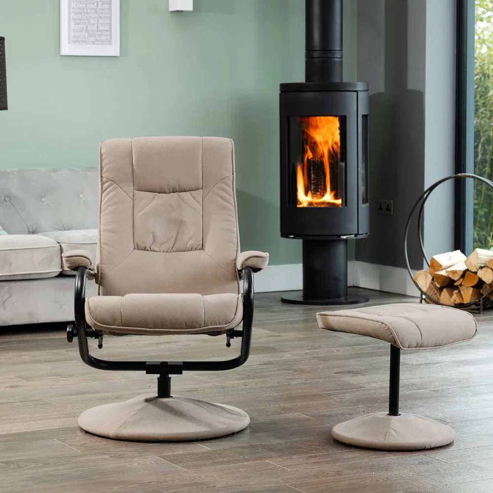 Ripley Swivel Recliner Chair with Footstool - Brown, Fabric