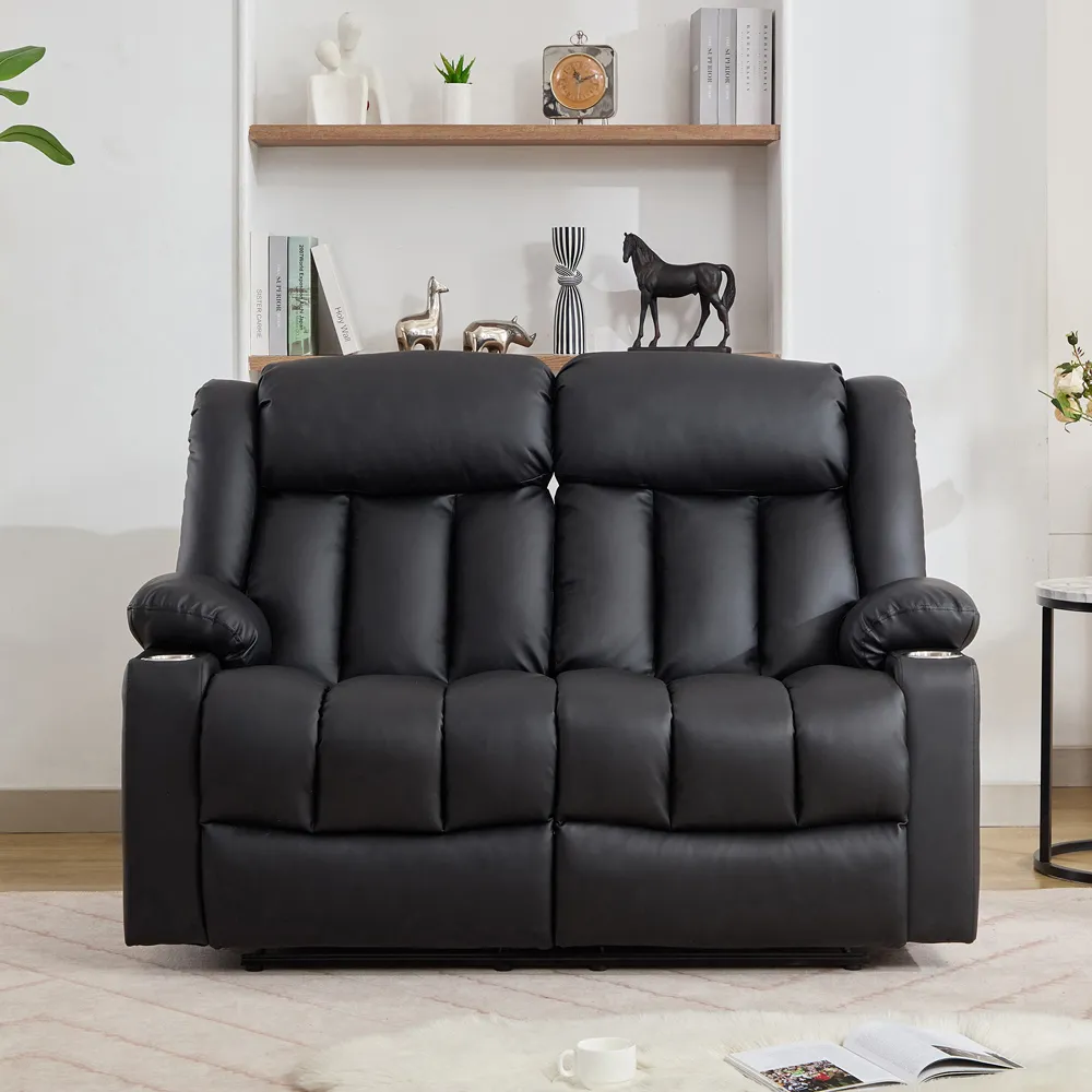 Sheridan 2-Seater Recliner Sofa with Cup Holders - Black, Leather