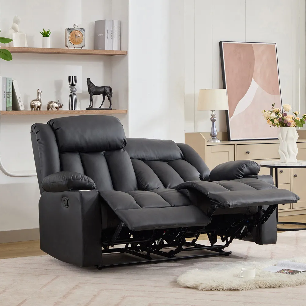 Sheridan 2-Seater Recliner Sofa with Cup Holders - Black, Leather