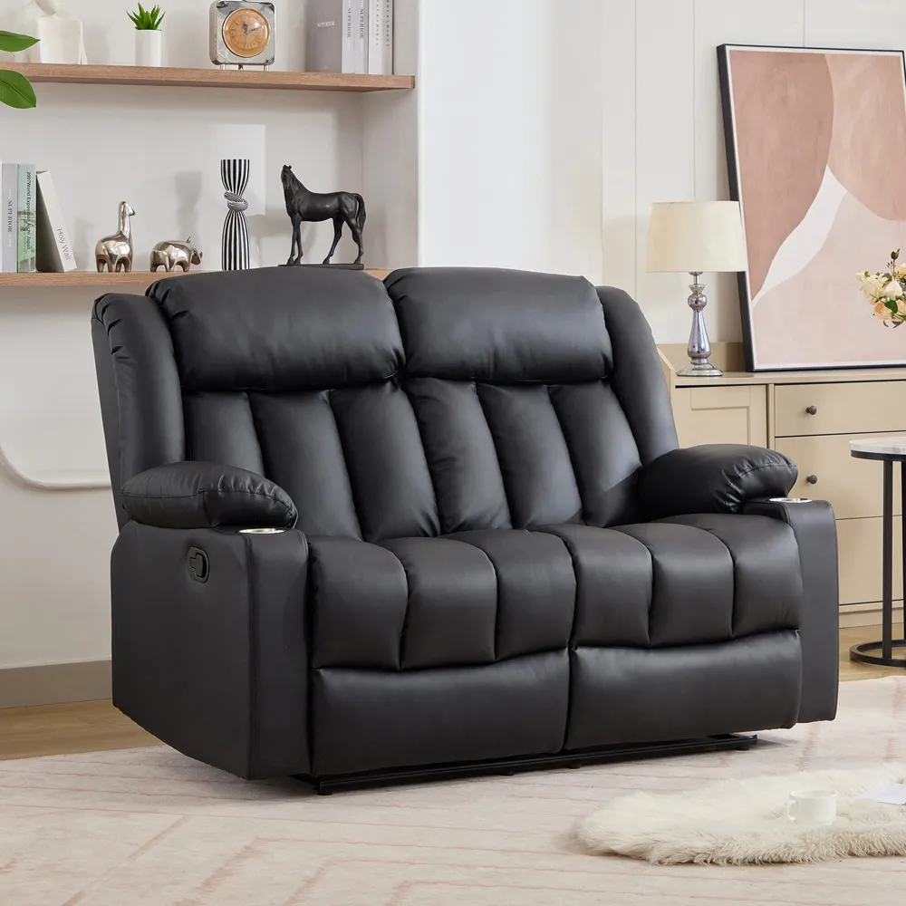 Sheridan 2-Seater Recliner Sofa with Cup Holders - Black, Leather