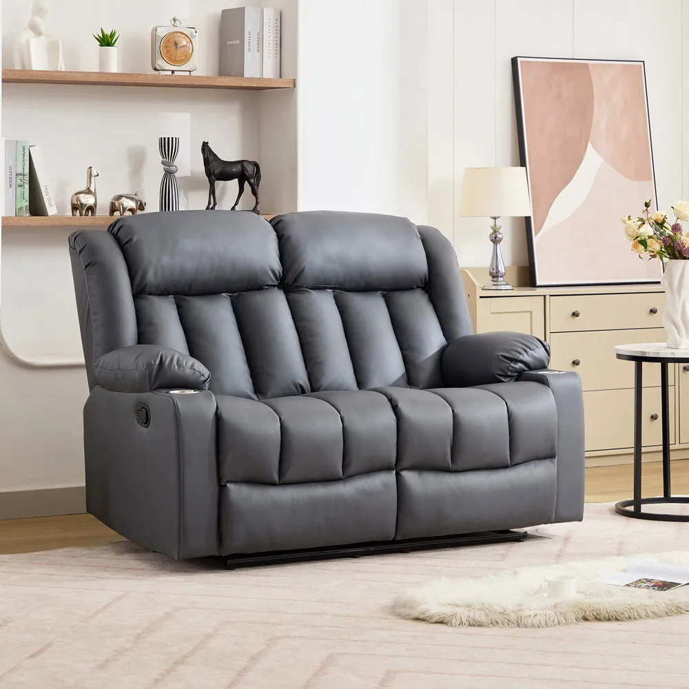 Sheridan 2-Seater Recliner Sofa with Cup Holders - Grey, Leather