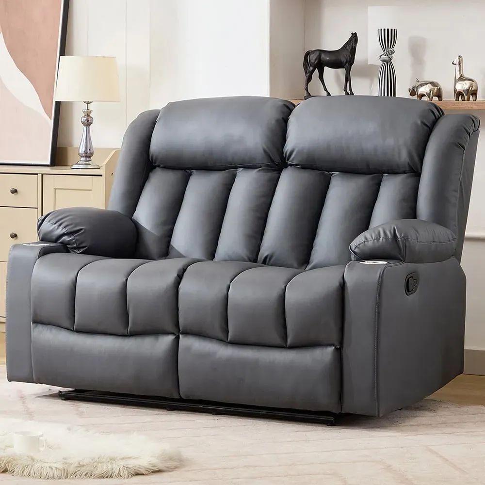 Sheridan 2-Seater Recliner Sofa with Cup Holders - Grey, Leather
