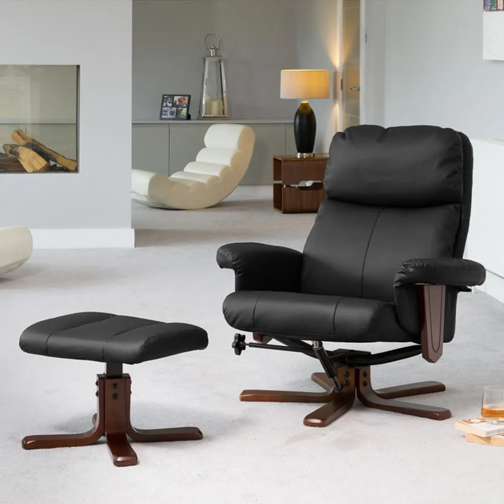 Woodacre Swivel Recliner Chair with Footstool - Black, Leather image