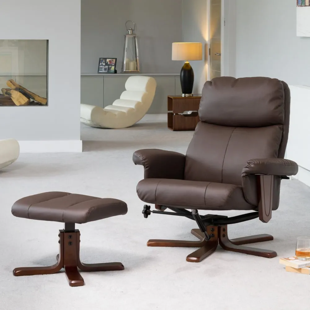 Woodacre Swivel Recliner Chair with Footstool - Brown, Leather