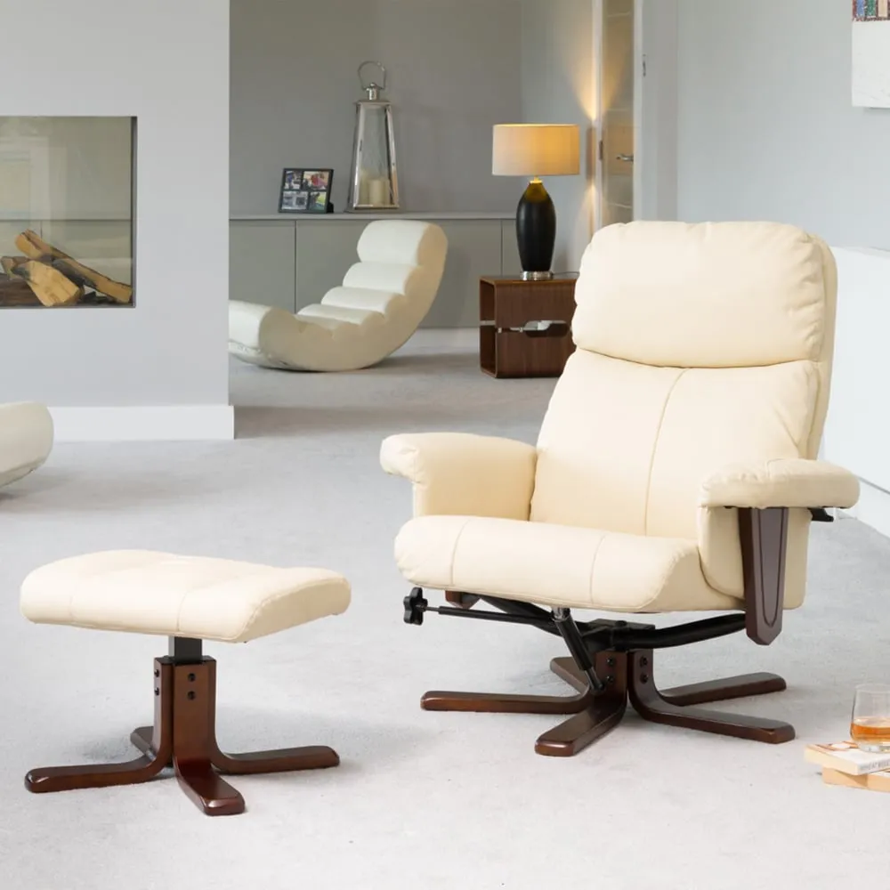 Woodacre Swivel Recliner Chair with Footstool - Cream, Leather