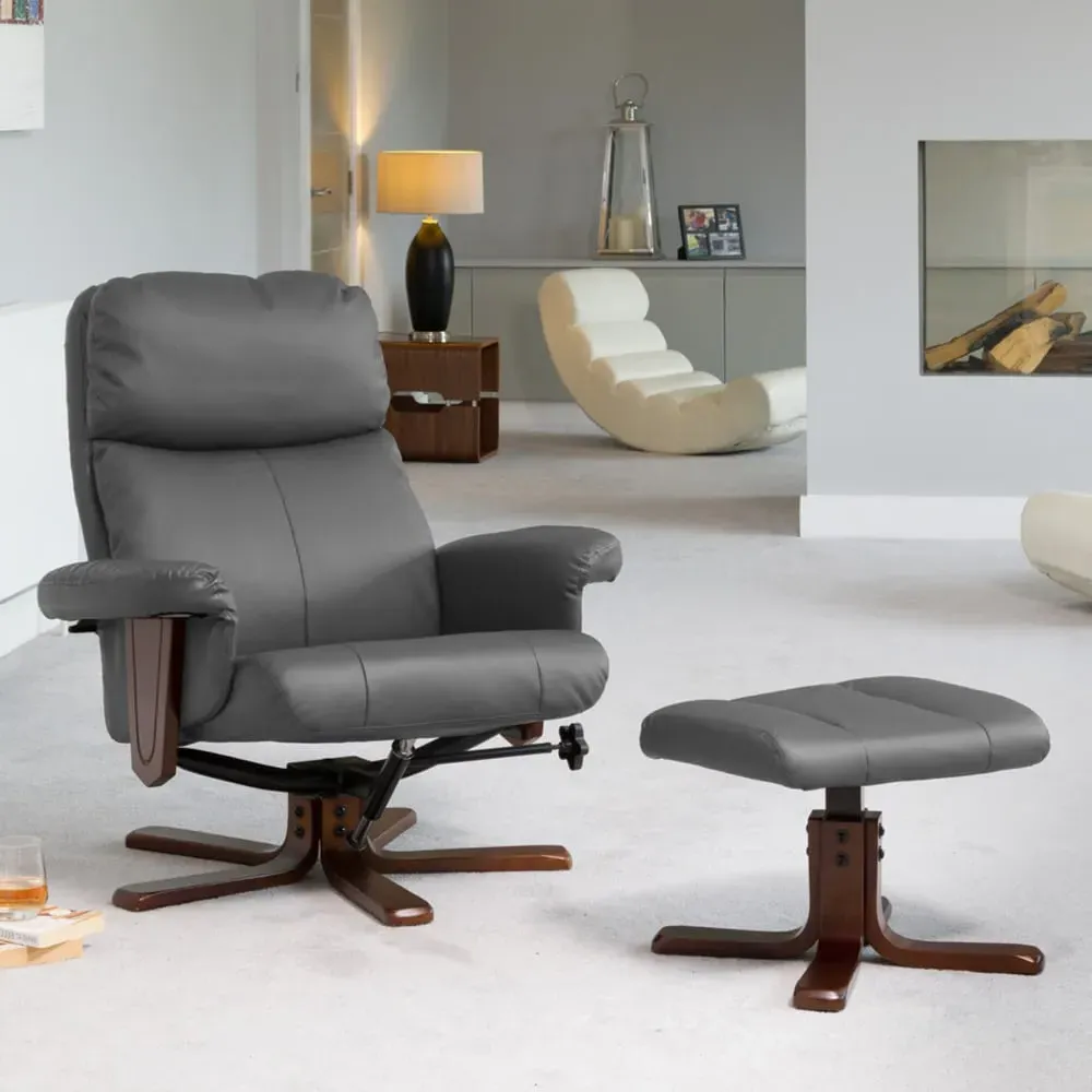 Woodacre Swivel Recliner Chair with Footstool - Grey, Leather