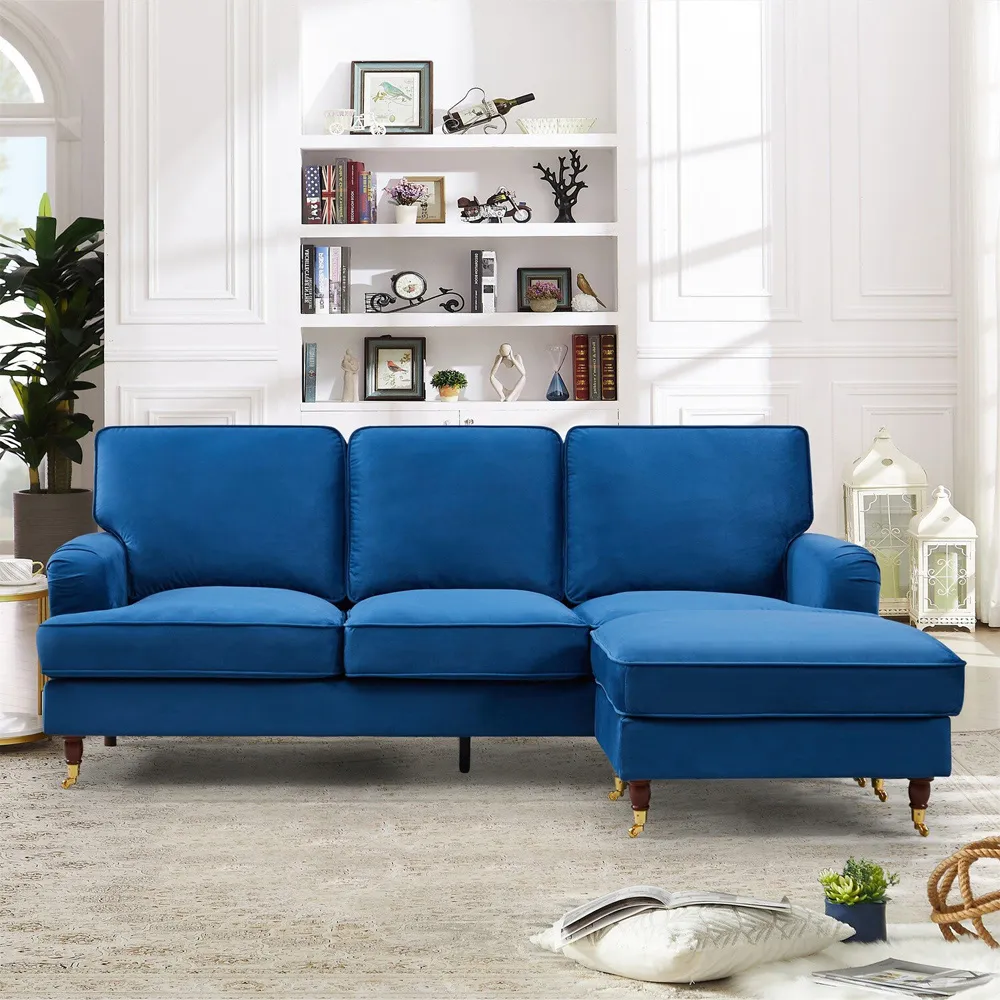 Woodbury 3-Seater Corner Sofa with Ottoman - Blue, Velvet