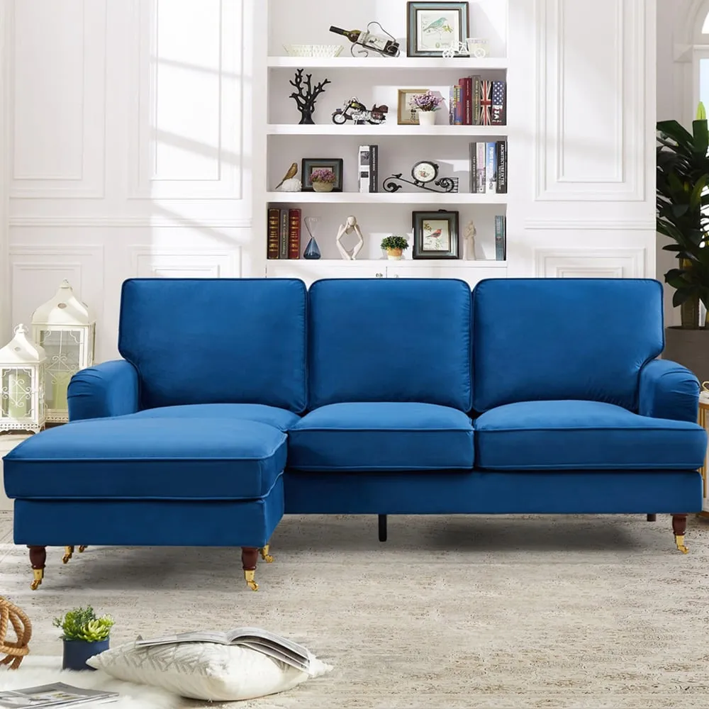Woodbury 3-Seater Corner Sofa with Ottoman - Blue, Velvet