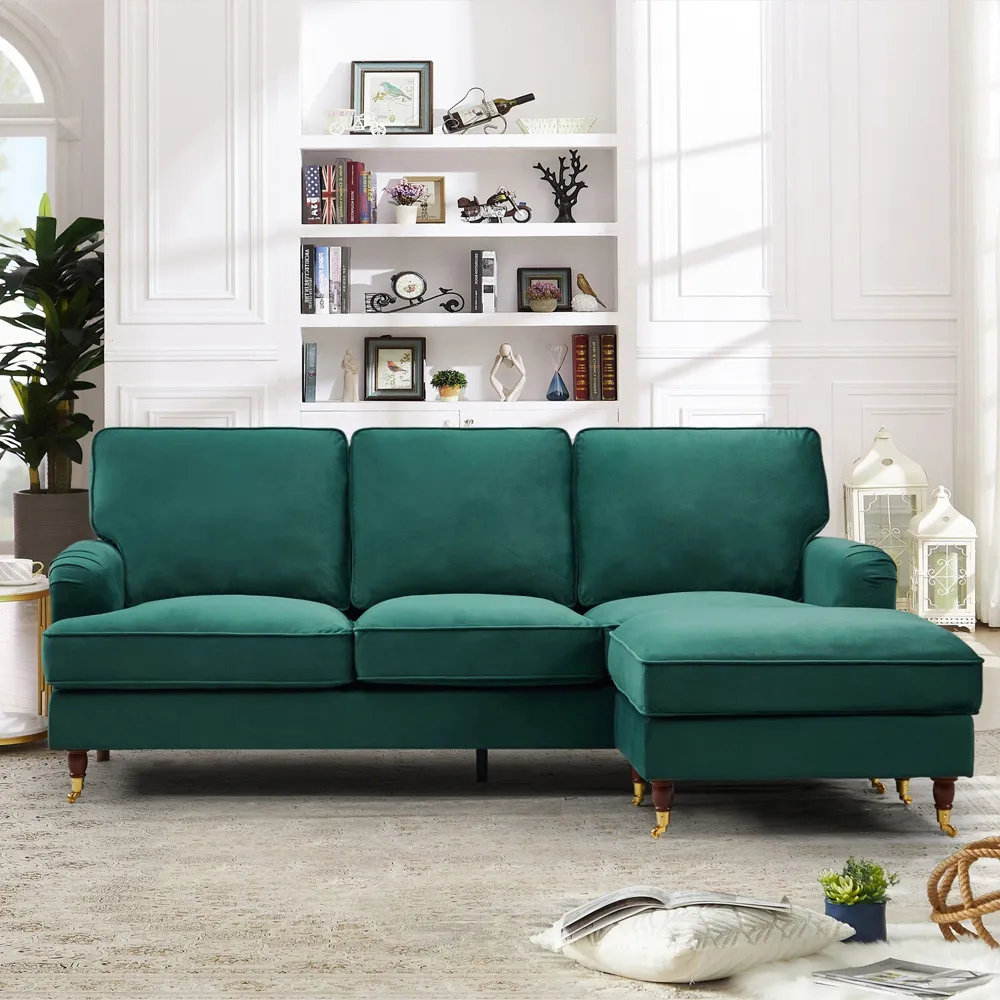 Woodbury 3-Seater Corner Sofa with Ottoman - Green, Velvet