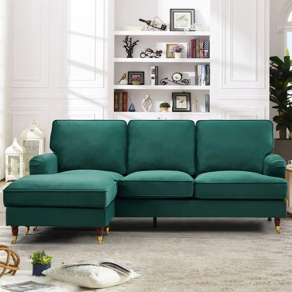 Woodbury 3-Seater Corner Sofa with Ottoman - Green, Velvet