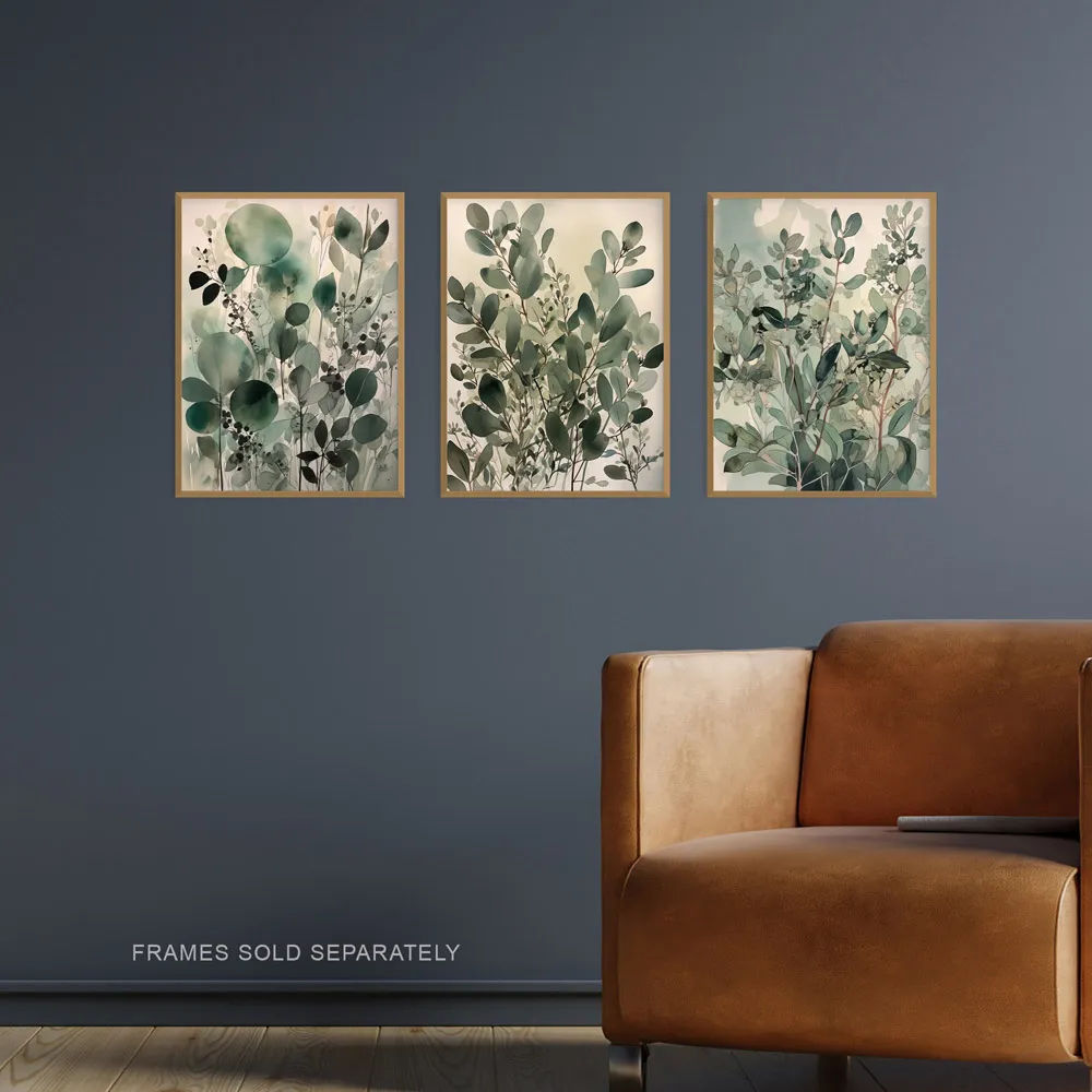 Artery8 Botanical Plants Watercolour Wall Art Print 3 Pack - Green
