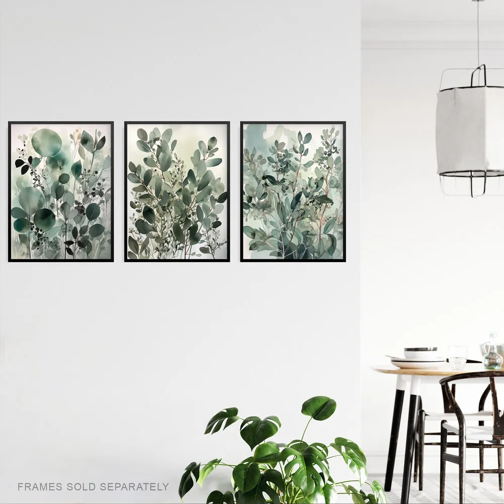 Artery8 Botanical Plants Watercolour Wall Art Print 3 Pack - Green
