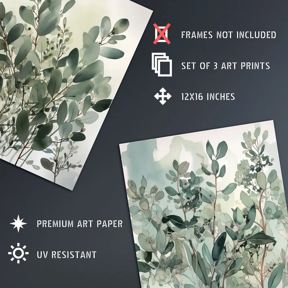 Artery8 Botanical Plants Watercolour Wall Art Print 3 Pack - Green