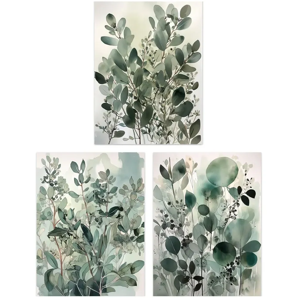 Artery8 Botanical Plants Watercolour Wall Art Print 3 Pack - Green image