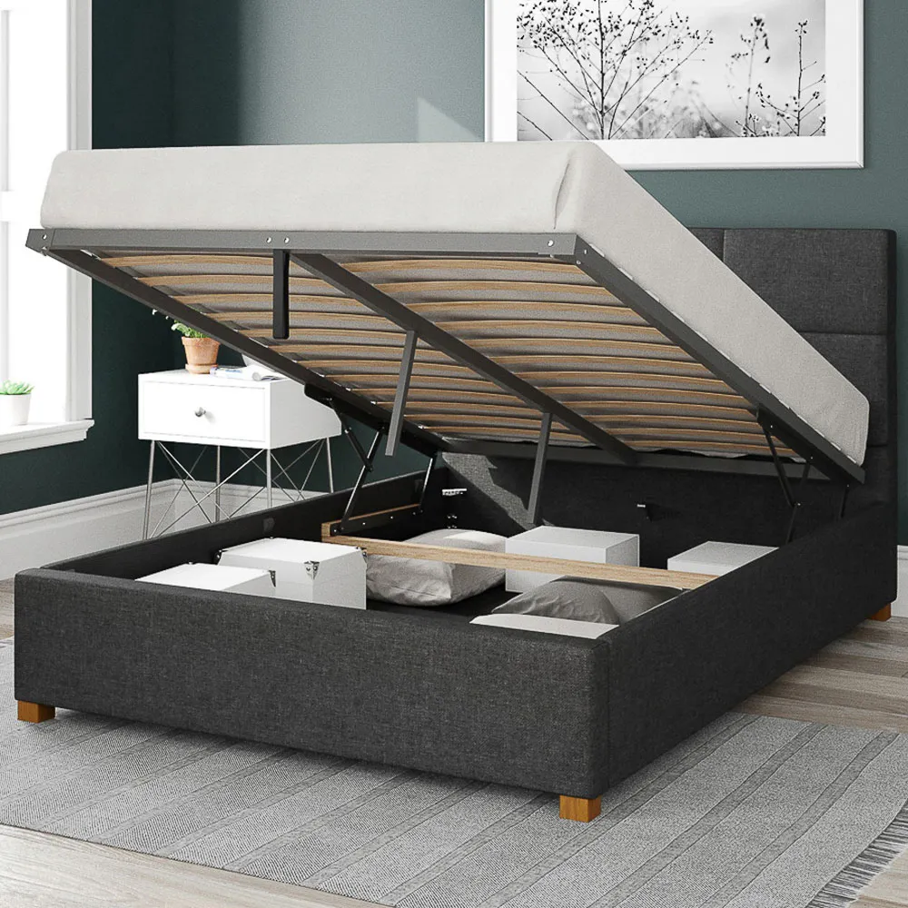 Caine Double Ottoman Bed with Storage - Charcoal, Saxon Twill