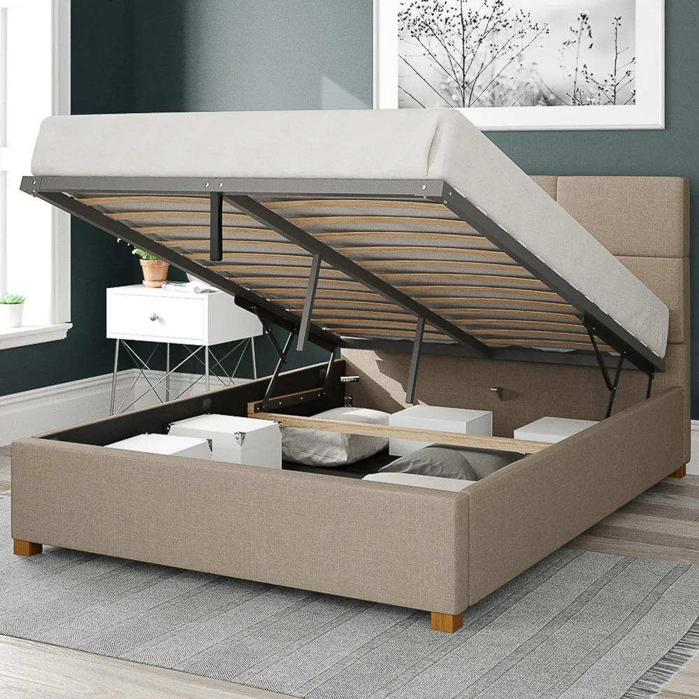 Caine Double Ottoman Bed with Storage - Cream, Linen