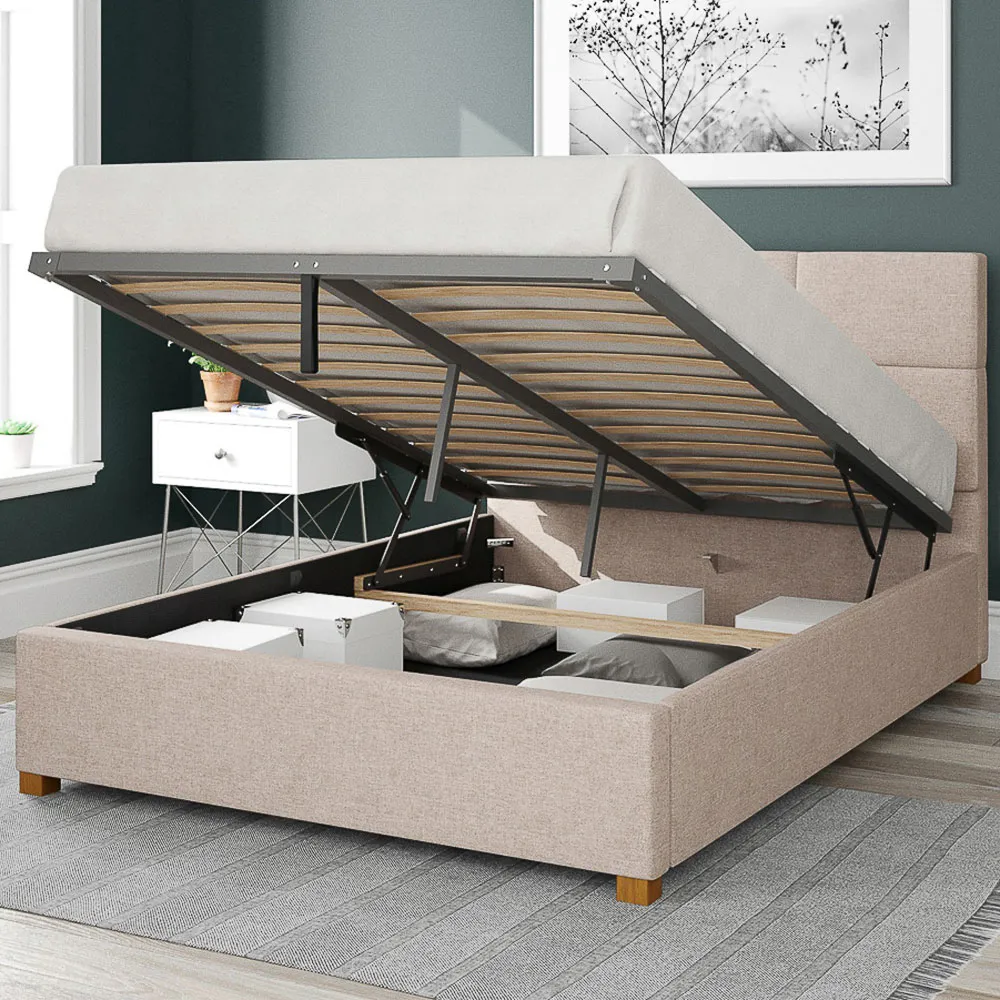 Caine Double Ottoman Bed with Storage - Natural, Saxon Twill