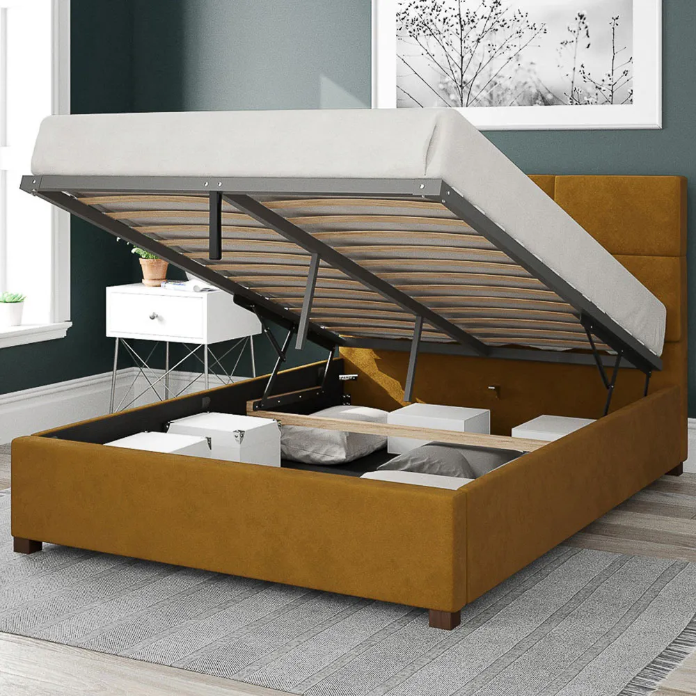 Caine Double Ottoman Bed with Storage - Ochre, Velvet