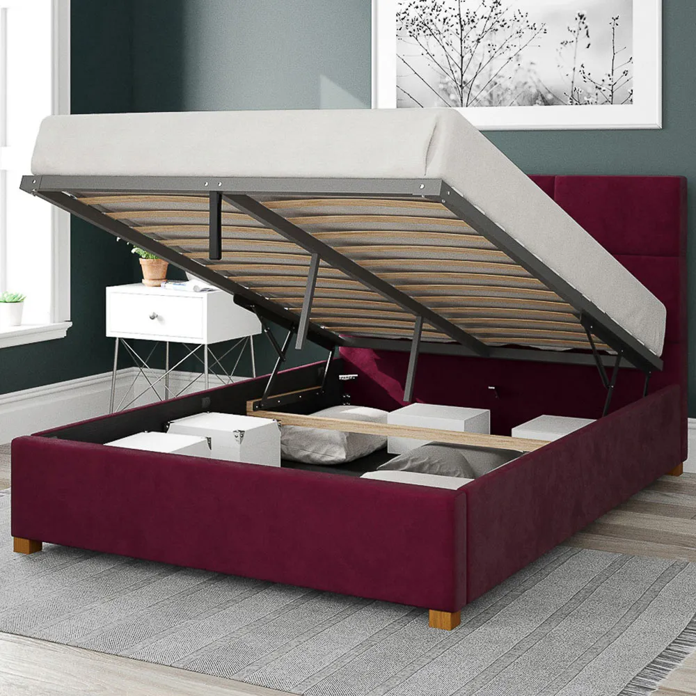 Caine King Size Ottoman Bed with Storage - Berry, Velvet