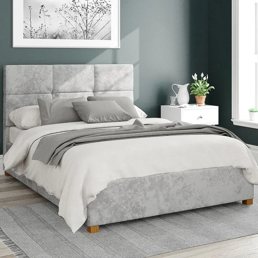 Caine King Size Ottoman Bed with Storage - Silver, Velvet