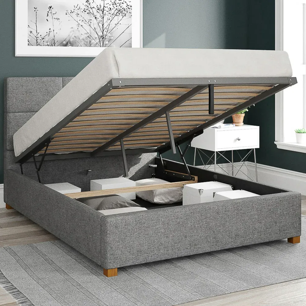 Caine Single Ottoman Bed with Storage - Grey, Saxon Twill