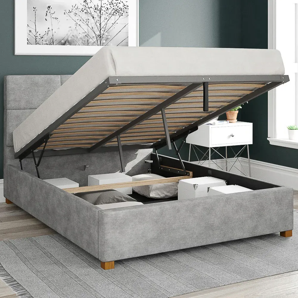 Caine Single Ottoman Bed with Storage - Silver, Linen