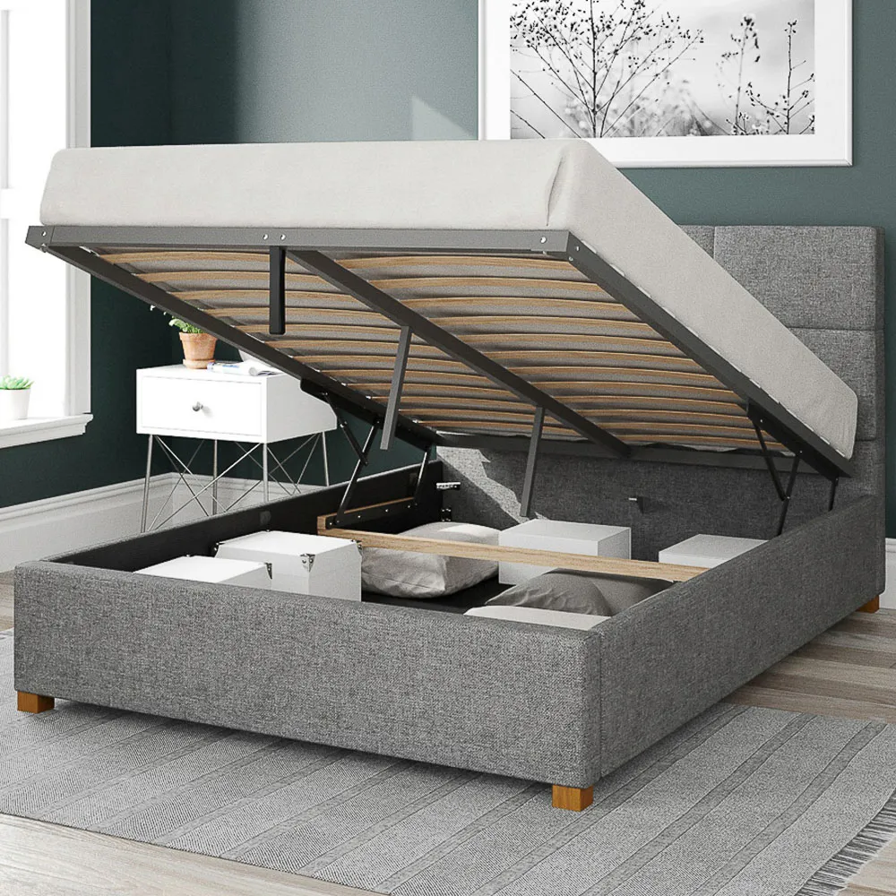 Caine Small Double Ottoman Bed with Storage - Grey, Saxon Twill